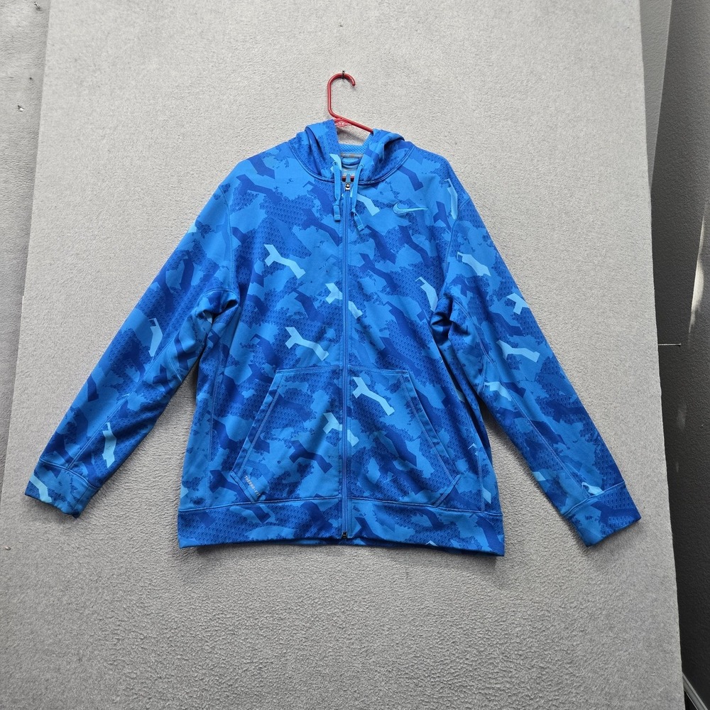 Nike Men Hoodie XL Blue Embroidered Camouflage Fleece Therma-Fit Activewear READ